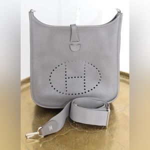 Authentic Hermes Evelyne 111 PM 28 cm in Etain Taurillon Leather Messenger Bag
